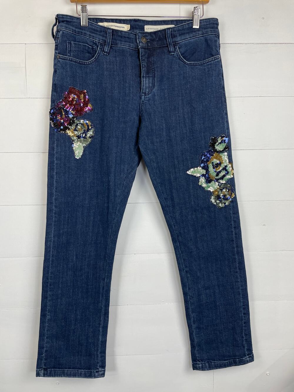 Anthropologie Pilcro Sequin Floral Slim Boyfriend Jeans Size 28 Petite Dark Wash